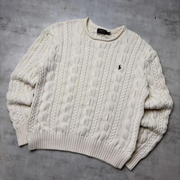 Y2K White Polo Ralph Lauren Cable Knit Pullover Sweater - Picture 2 of 8